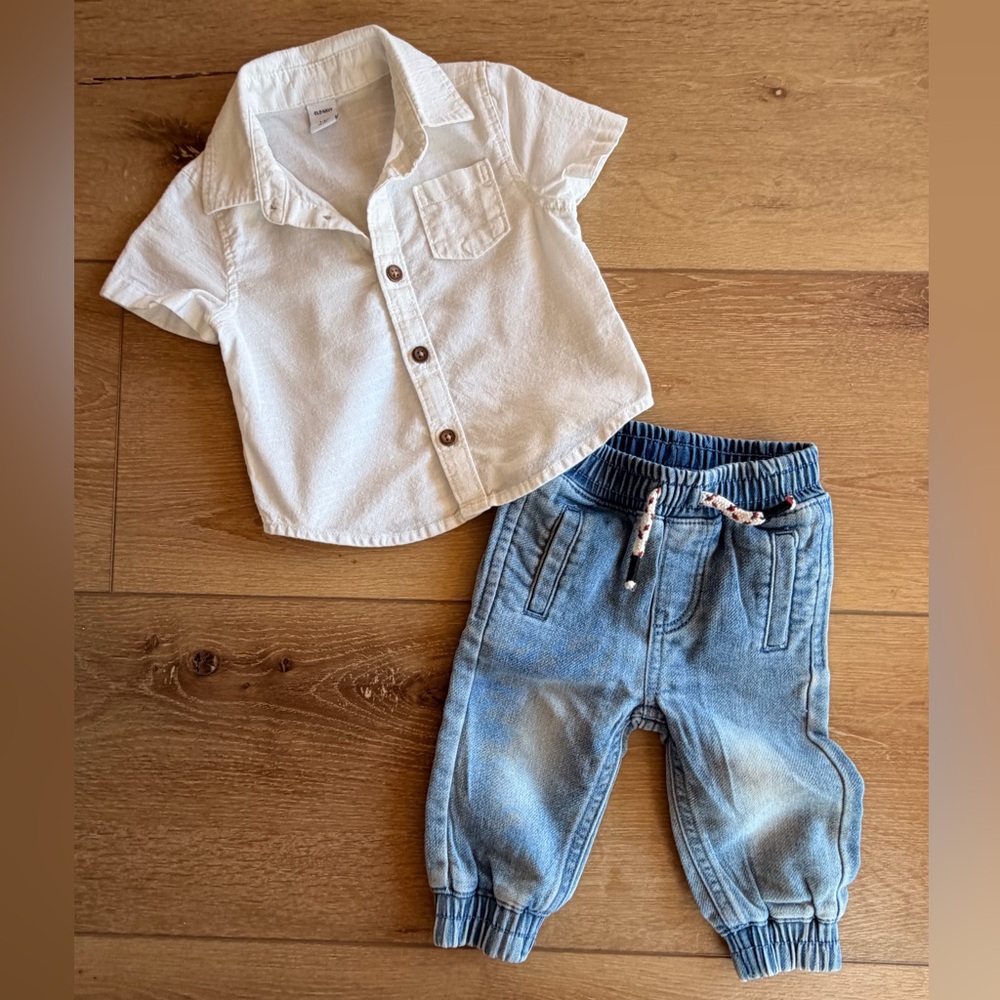 White Button-Up Shirt and Denim Jogger Pants Set